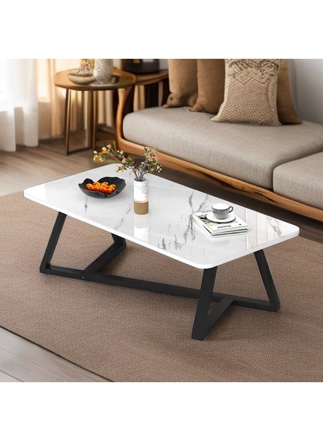 شويوين طاولة قهوة رخامية - طاولة جانبية، طاولة وسط عصرية بتصميم بسيط مع إطار فولاذي أسود لغرفة المعيشة (120 × 60 سم، لون أبيض صناعي) - Image 1